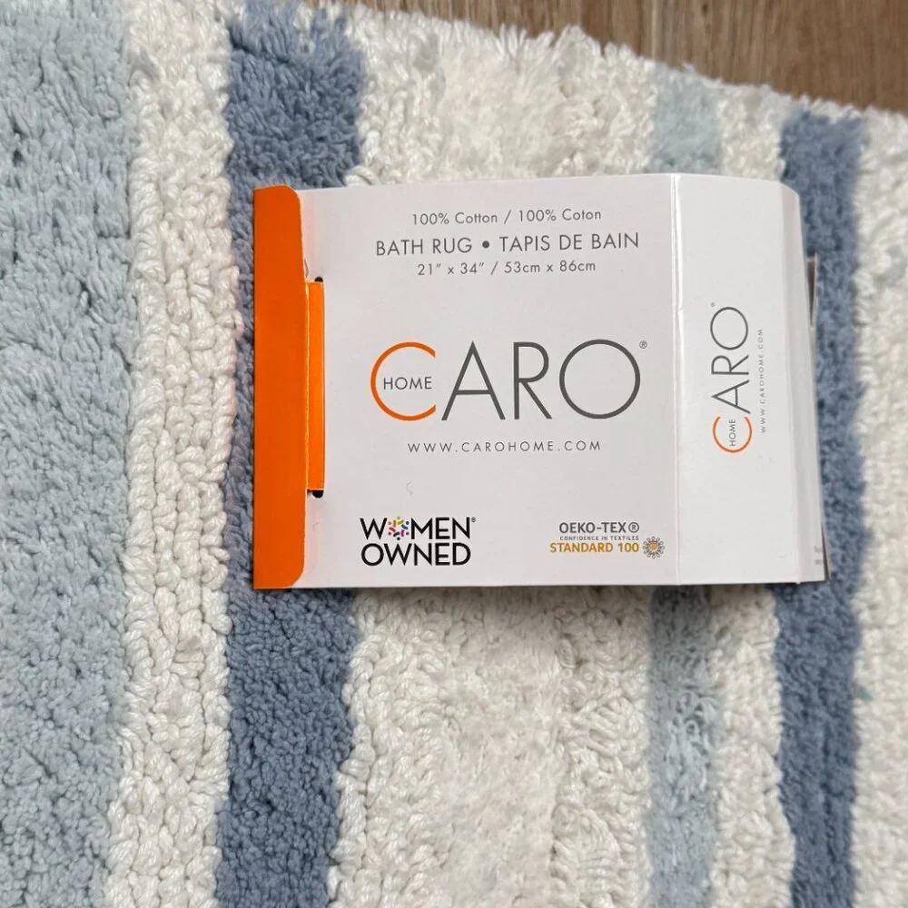 Caro 21 x 34 Blue White Stripes Striped Bath Rug Mat 100% COTTON Non Slip